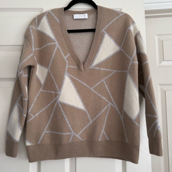 Maison Montagut Cashmere V-Neck Sweater Size S Felixa Geometric Tan Brown - Picture 4 of 15